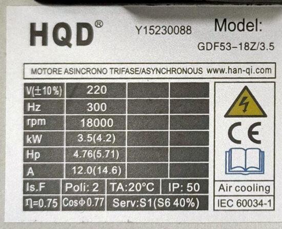 HQD Air Cooled Spindle 3.5kW ER20 220V 18000RPM - Square Spindle