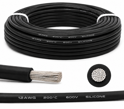 12AWG Solid core Black Silicone insulated wire 1 Meter