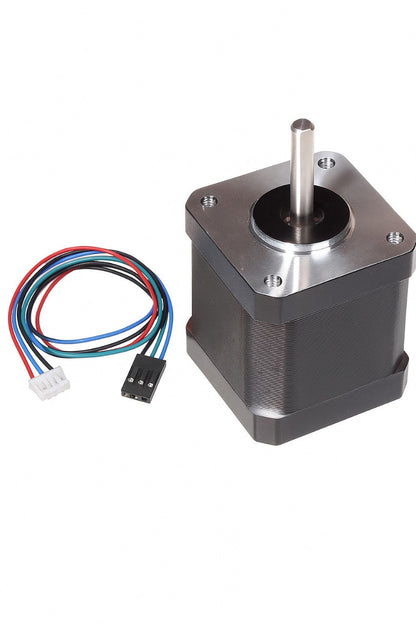 Step Angle Step Angle: 1.8 °
Current: 2.8 A/Phase
Holding Torque: 10.1 kg-cm
Detent torque: 3.6 N.cm (Maximum)
Lead Wires: 4
Shaft diameter: 6.35 mm